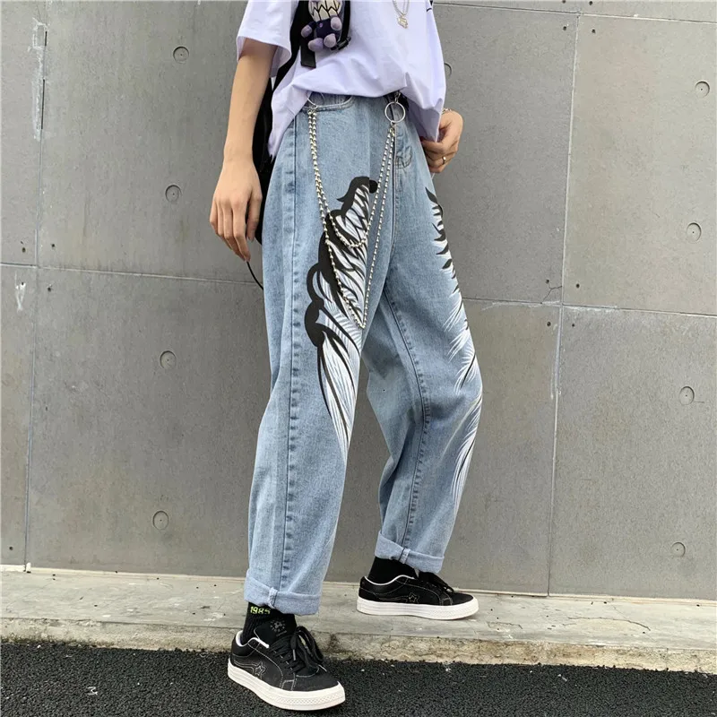 Уличный хип-хоп принт женские джинсы Harajuku Модные свободные повседневные женский эластичный пояс джинсовые брюки