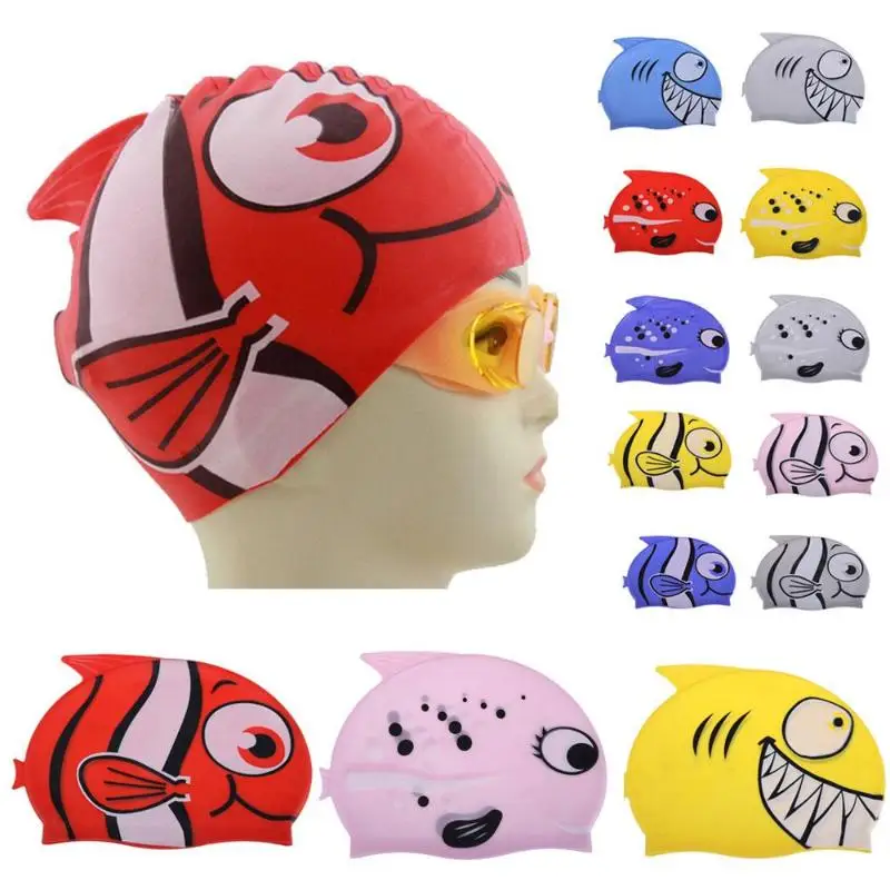 

Cute Children Cartoon Swimming Cap Silicon Child Diving Waterproof Swimming Cap kawaii Fish / Shark Pattern Bathing Cap For Kids