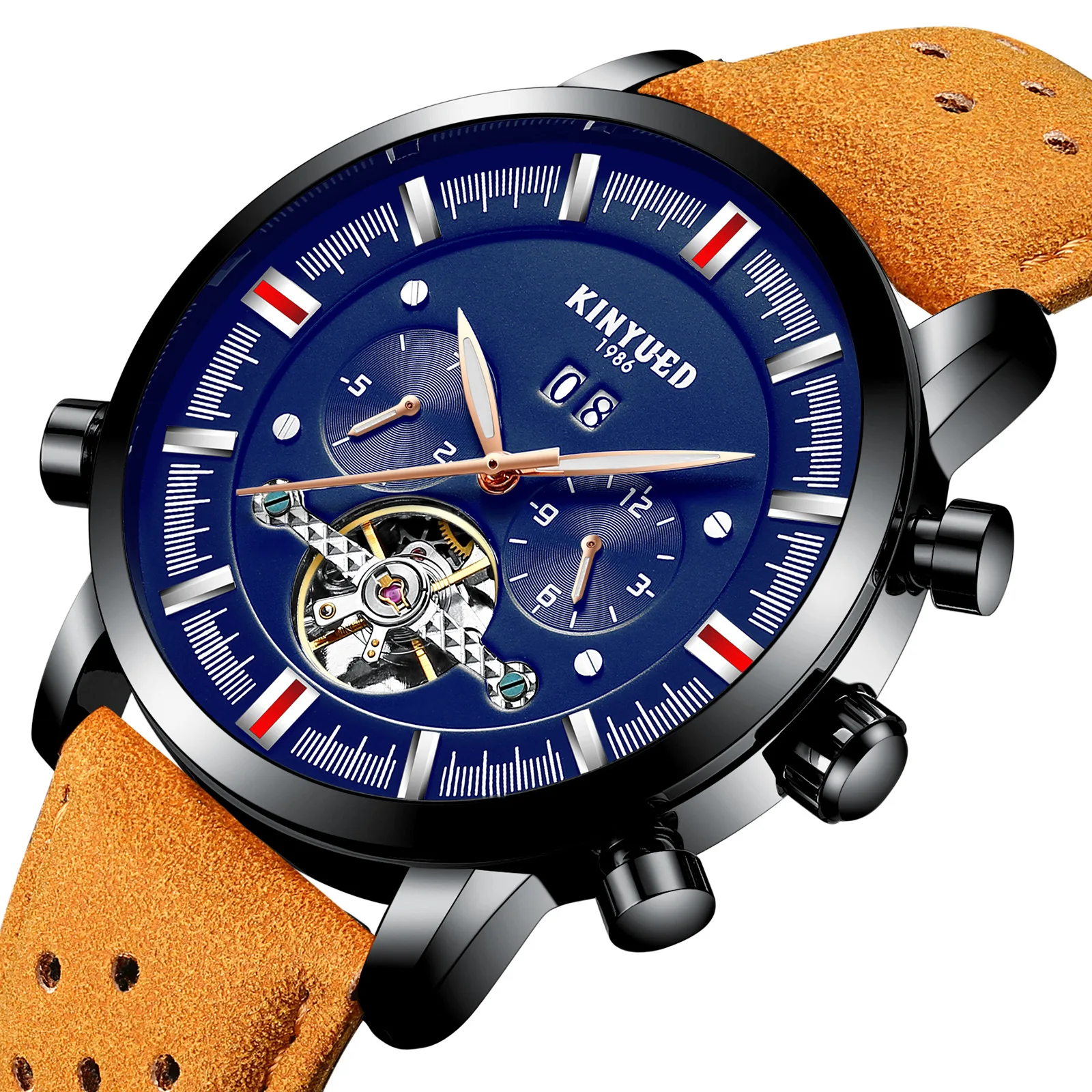 

Genuine Product Kinyued jin yue da Men Leather Watch Strap Large Dial Tourbillon Fully Automatic Mechanical Wrist Watch
