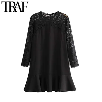 

TRAF Women Vintage Elegant Lace Patchwork Transparent Mini Dress Fashion Long Sleeve Ruffles Office Wear Female Dresses Vestidos