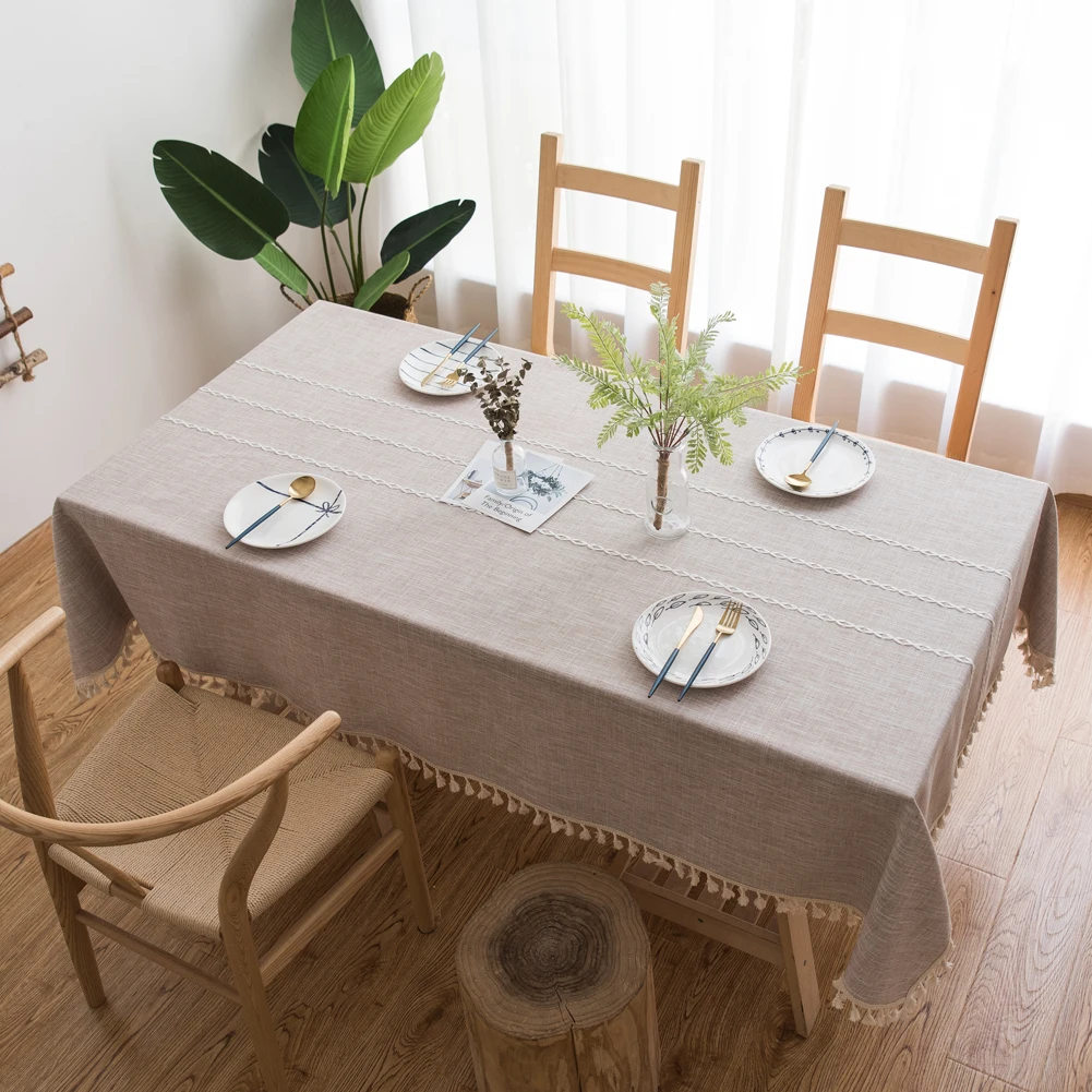 

Tassel Linen Cotton Tablecloth Dustproof Kitchen Cotton Linen Embroidery Solid Color Simple Modern Coffee Table Cloth