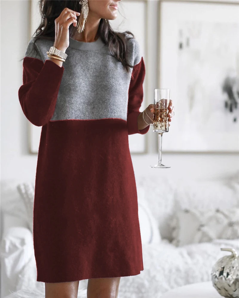 

Women Stitching Sweater Dresses Autumn Winter Fashion Loose Plus Size Dress Round Neck Long Sleeve Woman Short Dress Mujer