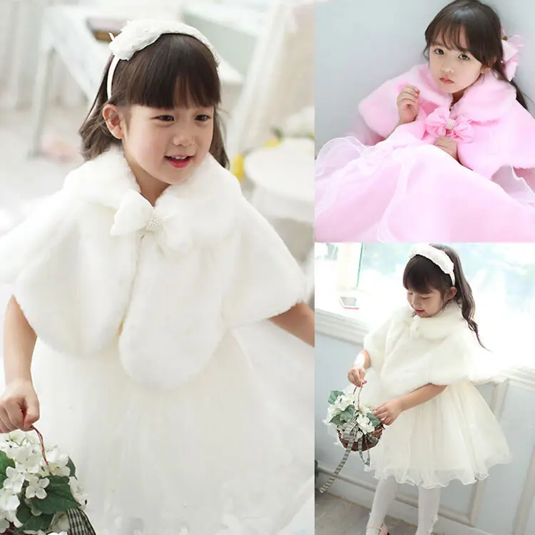 

Winter Warm Girls Faux Fur Cape Cloak White Bowknot Wedding Party Flower Girls Kids Faux Fur Shawl Coat Ribbon Vintage Outerwear