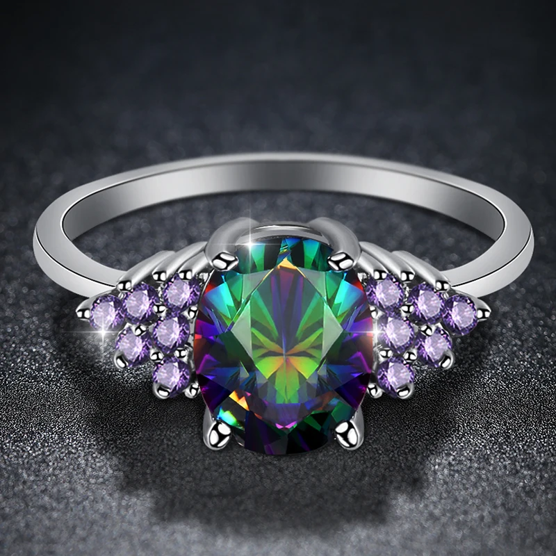 

New Arrival Oval Cut Design Multicolor & Purple CZ Silver Color Ring Size 6 7 8 9 Fashion Natural Stone Party Jewelry Gift