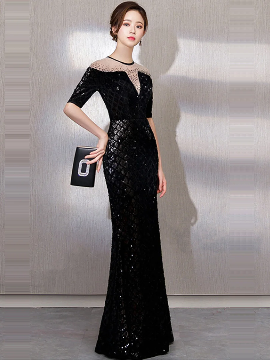 Вечернее платье, черное, сексуальное, с разрезом, Robe De Soiree, круглый вырез, половина рукава, вечерние платья для женщин,, с блестками, Русалка, официальное платье F268