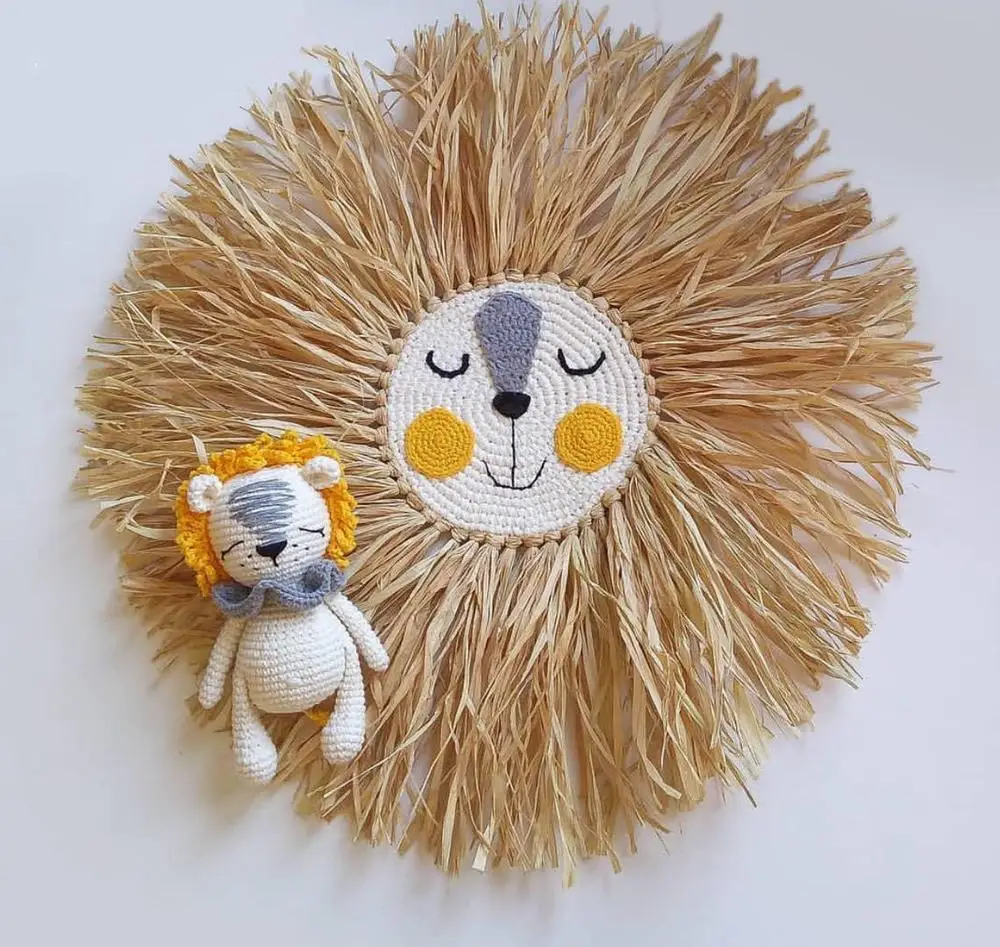 INS Nordic Hand woven Cartoon Lion Hanging Decorations Cotton Thread Weaving Animal Head Ornament Children room Wall Hanging