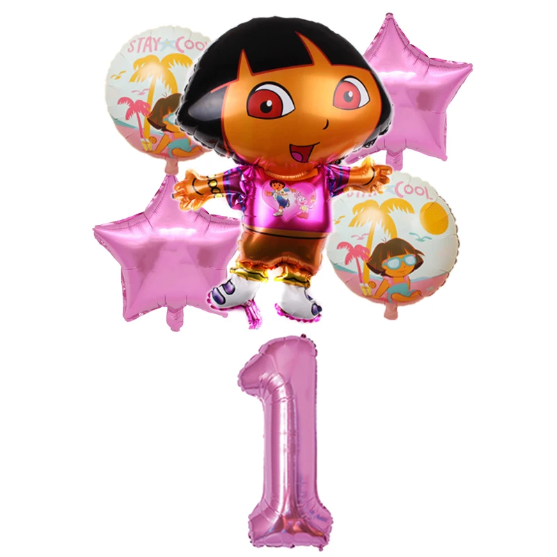 Dora Birthday Party Decoration Kids Girl Balloon Straw Napkin Cup Plate Disposable Tableware Set Balloon Birthday Party Supplies 