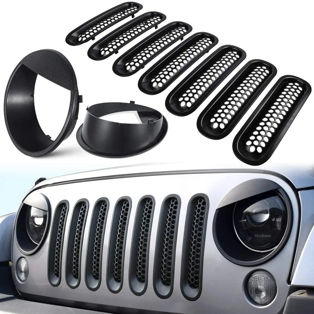 For 07-18 Jeep Wrangler Jk Front Grille Mesh Inserts & Headlight Cover Car  Accessories - Racing Grills - AliExpress