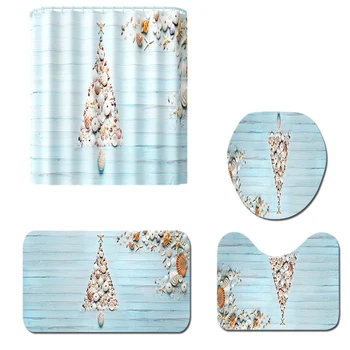 

4 Sets of Small Fresh Conch Bottom Carpet + Bathroom Mat and Waterproof Shower Curtain,Non-Slip Toilet Cover Cushion Set