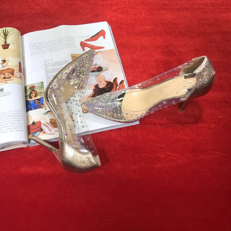 Туфли с красным верхом на высоком каблуке прозрачные цвета: золотистый, серебристый с украшением в виде кристаллов; цвет стразы свадебные туфли невесты; прозрачные женские вечерние на высоком каблуке 12 см 3,14