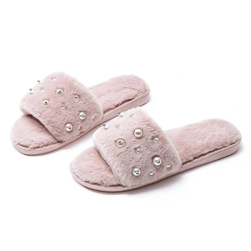 

plush Winter Woman Cotton slippers Slip on Warm Shoes non-slip flats Female spring autumn winter House Shoes pearl decor