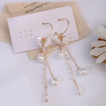 

Fashion Long Tassel Simulated Pearl Drop Earrings Big Crystal Bead Resin Flower Petal Earrings for Women Wedding Bridal Jewelry