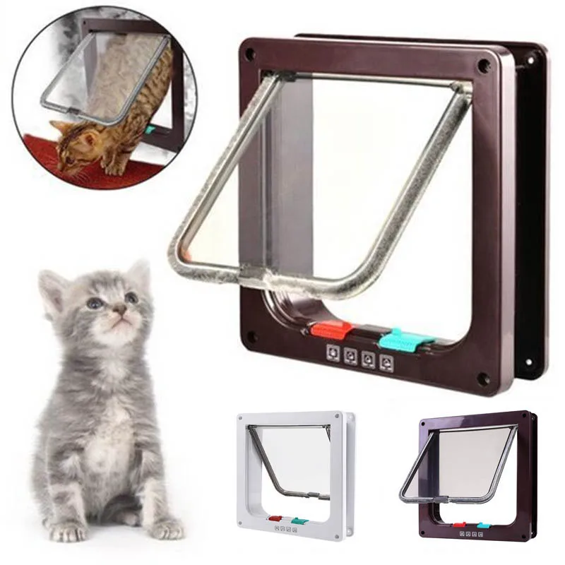 Pet Door 4 Way Lockable Dog Cat Kitten Door Security Flap ABS Plastic S/M/L Animal Small Pet Cat Dog Gate Supplies