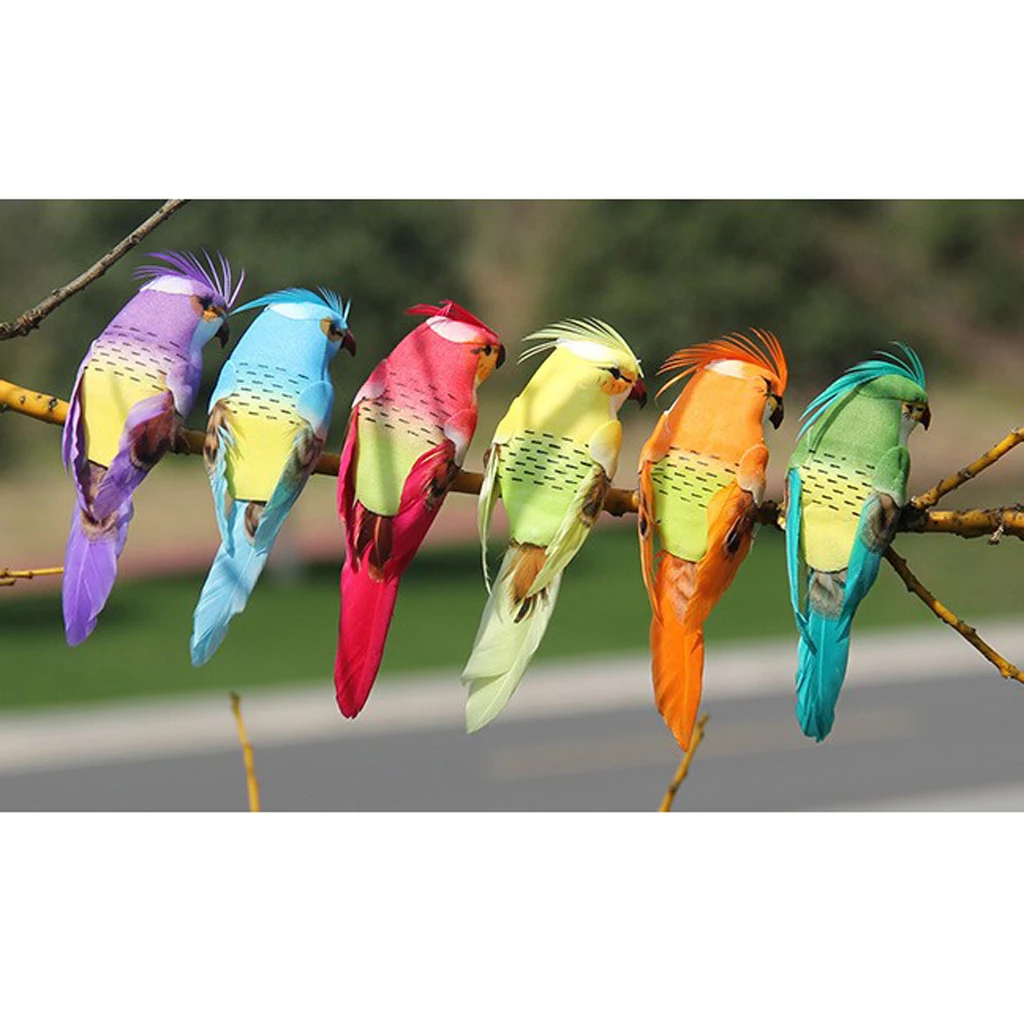 12Pcs Artificial Foam Birds Feather Simulation Parrot with Claw for Party Wedding Decor Garden Yard Park Shop Ornament Kids Gift