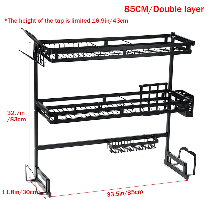 1/2 слоев многофункциональная Нержавеющая сталь сушилка для посуды устойчивая раковина сливной шкаф-органайзер для кухни полка для тарелок сушилка над раковиной черный - Цвет: 85cm 2-tier