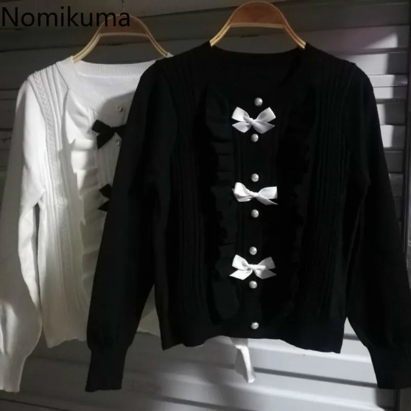 Женское трикотажное пальто Nomikuma корейский короткий кардиган с бантом Осень-зима
