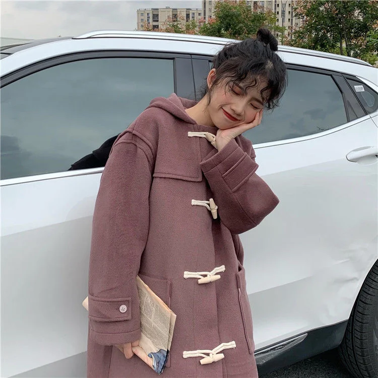 Women Wool Blends Korean Style Horn Button Elegant Hooded Preppy Girls Loose Autumn Winter Warm Cute Kawaii Casual Jacket best winter coats for women