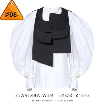 

New Women Blouse Round Collar Long Lantern Sleeve Loose Fit Button Irregular Shirt Fashion Tide Spring Autumn 2020