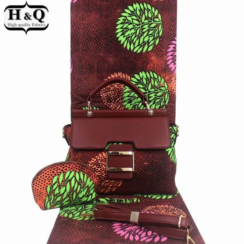 

H&Q fashion 6 yards/piece embroidered african wax 100% cotton fabric high quality matching big bag and samll handbag three-piece