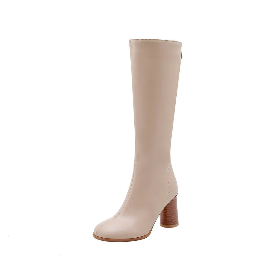 ENMAYER/ г. Модные женские зимние сапоги до колена с круглым носком на квадратном каблуке из PU искусственной кожи женская обувь с коротким плюшем размер 34-43 - Цвет: Бежевый