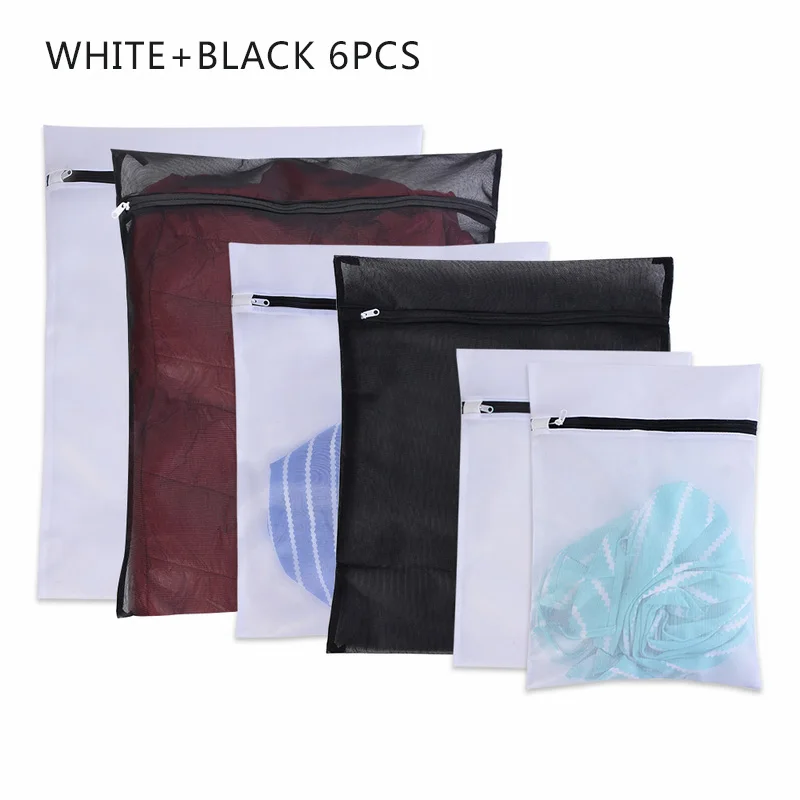 white black 6pcs Сетчатые мешки для стирки белья на молнии, складные, деликатные, нижнее белье, бюстгальтер, носки, нижнее белье, стиральная машина для стирки, защита одежды, сетка - Цвет: white black 6pcs