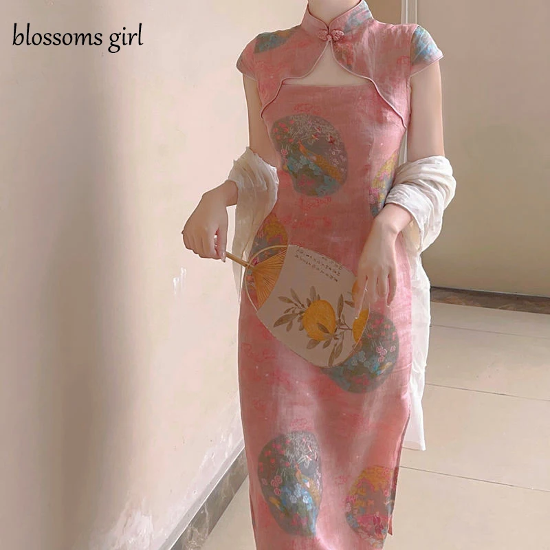 Cheongsam Qipao Chinese Dress Classical Pink Sexy Hollow Summer Improved Elegant Retro Evening Dress Women Dress 2021