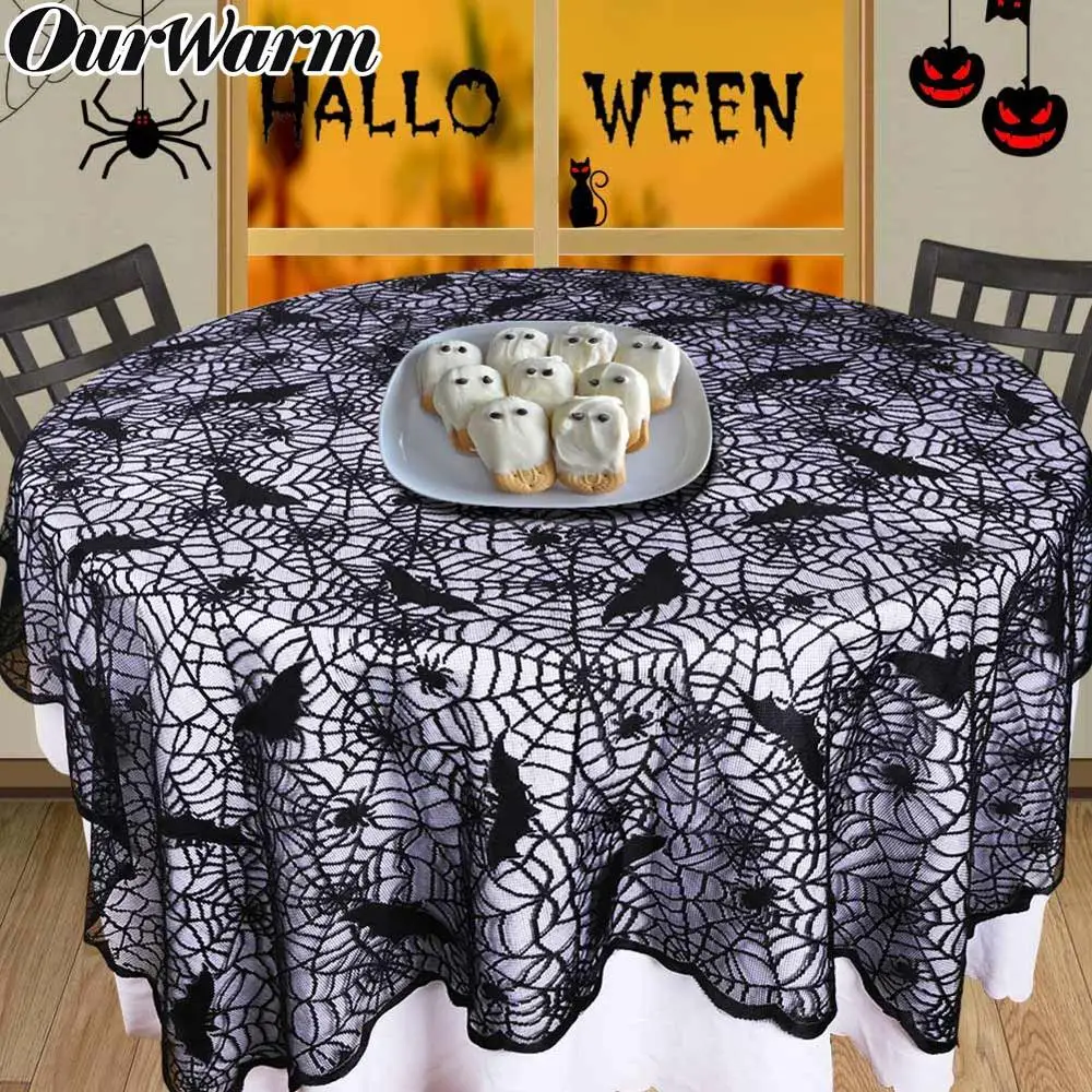 

OurWarm Halloween Black Lace Spider Bat Tablecloth 60*84 inch Rectangle Tablecover Halloween Table Decoration for Home