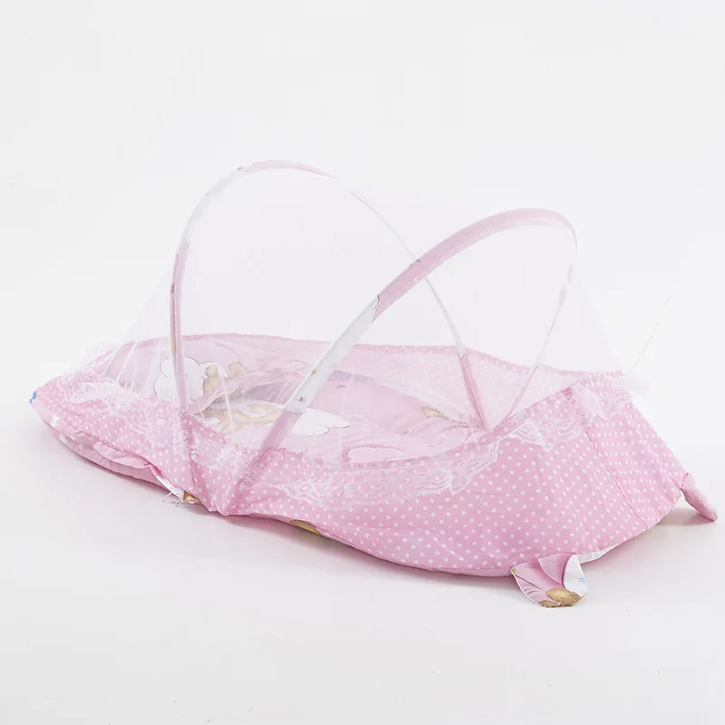 New Portable Foldable Baby Kids Infant Bed Dot Zipper Mosquito Net Tent Crib Sleeping Cushion Collapsible Portable Pink and Blue