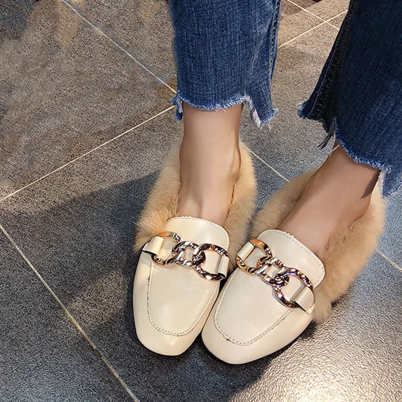 winter warm slip-on moccasins long plush square toe metal chain flats loafers luxury furry rabbit hair lazy espadrilles footwear 5