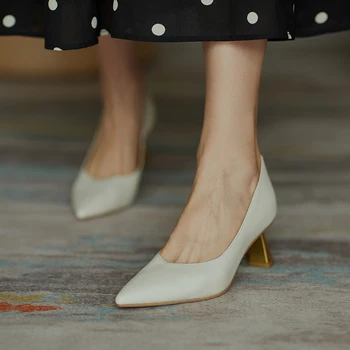 

2020 Fashion dress woman pumps genuine leather Office Lady shoes high heels slip on Shallow Pointed Toe Sexy women Footwear