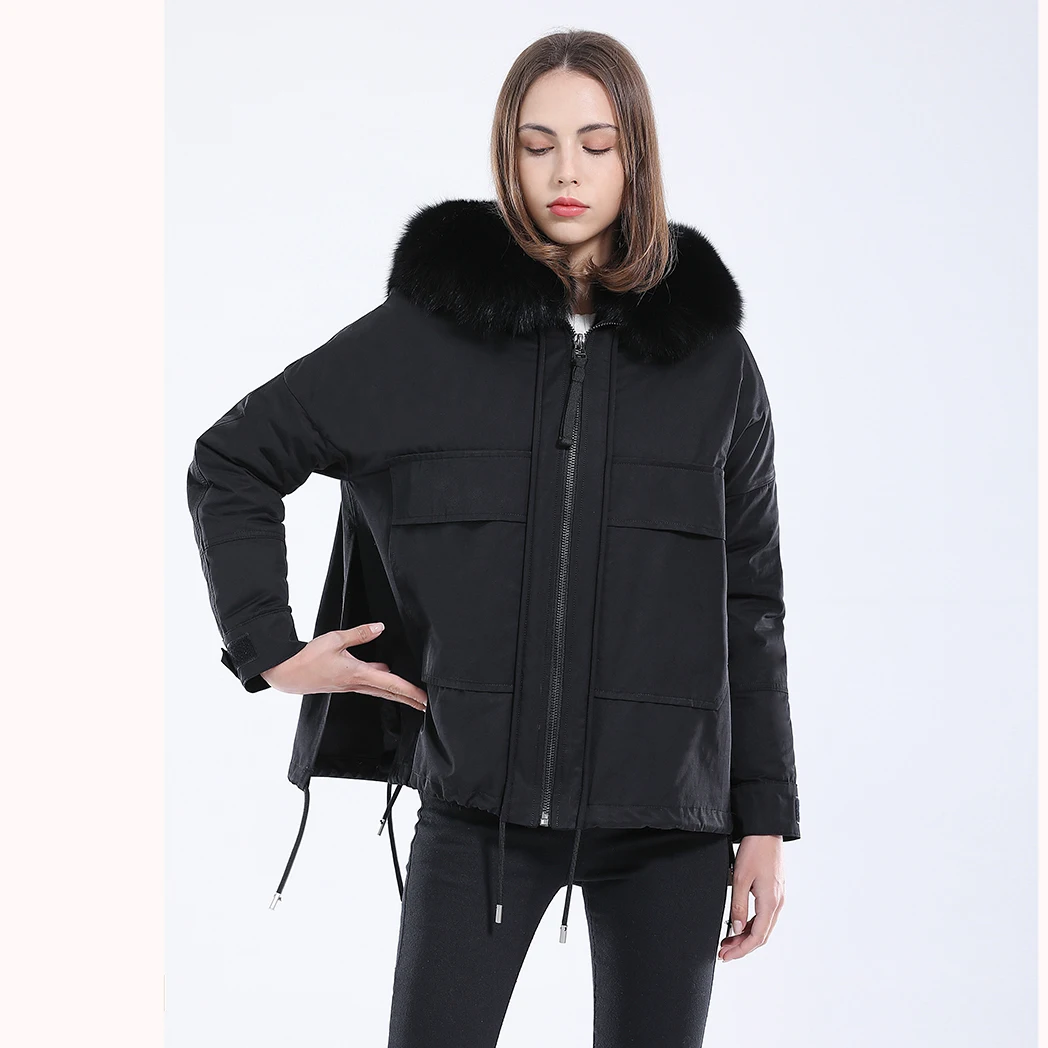 MENINA BONITA Real Fur Coat Winter Jacket Women Parka Fox Fur Collar Duck Down Sleeve Natural Rabbit Fur Liner Loose Detachable