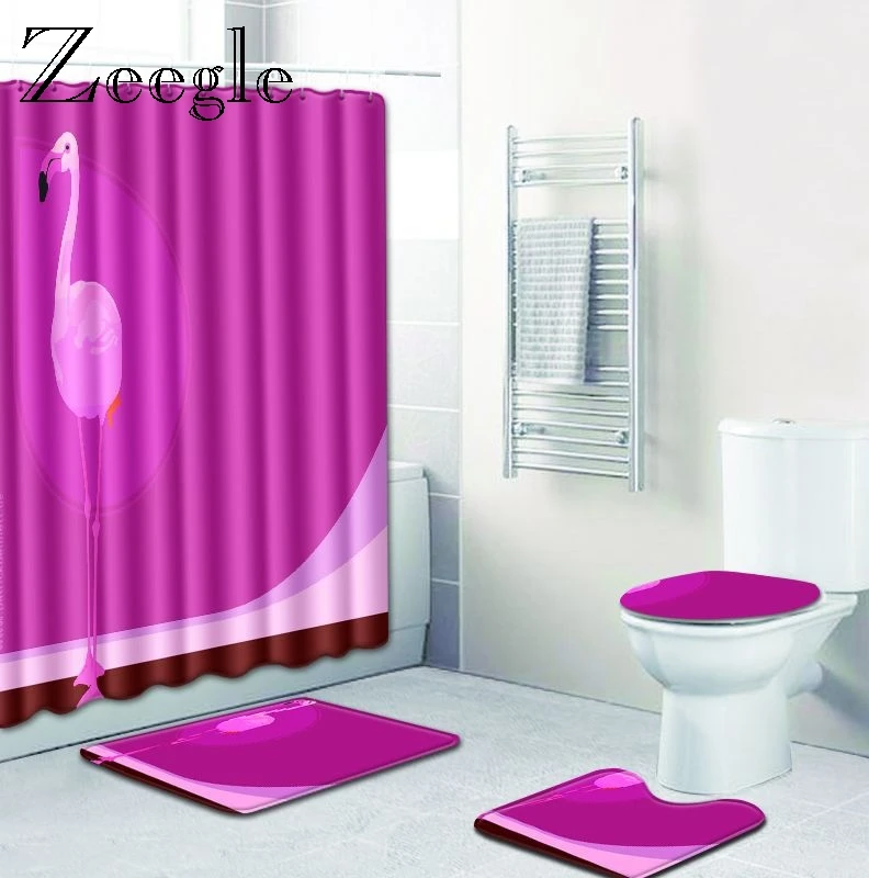 Zeegle Printed Flamingo Shower Curtain Set with Toilet Rug Non-slip Bathroom Mat Anti-slip Foot Rug Floor Mat Toilet Decor Mat