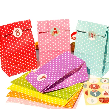 

24pcs Polka Dots Paper Bag Colorful Paper Gift Bag with Christmas Number Sticker Party Candy Cookie Bag Xmas Gift Packing Bags
