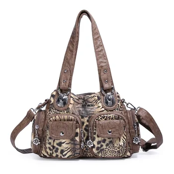 

Angel Kiss Brand Leopard Print Waterproof Washed PU Women Handbag Double-Compartment Roomy Design Lady Should Bag Satchel Tote