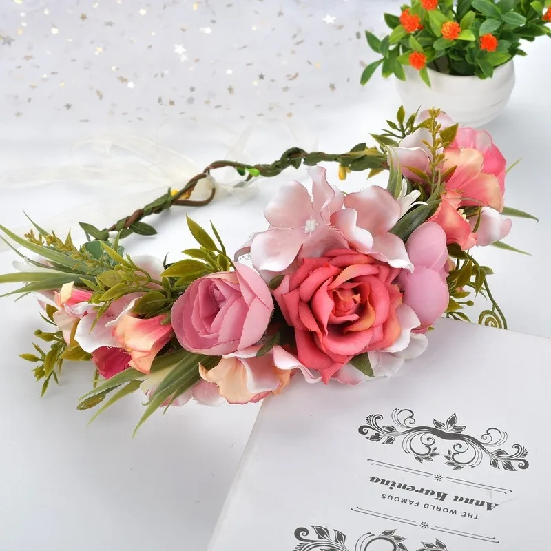 

Garland Wreath Crown Hairbands 100% Handmade Wedding Hair Accessories For Women Bridal Bridesmaids Girls Seaside Rose Flowers
