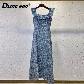 

DLINGHAN Vintage Print Linen Long Dress Women's Sexy Backless Ruffle Square Collar Vacation Dresses Designer Summer Female New