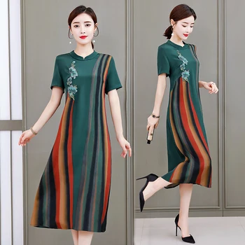 

Fashion Silk Embroidered Dress Summer Short Sleeved Loose Large Size Slim Temperament Stripes Dress Women Green Clothes