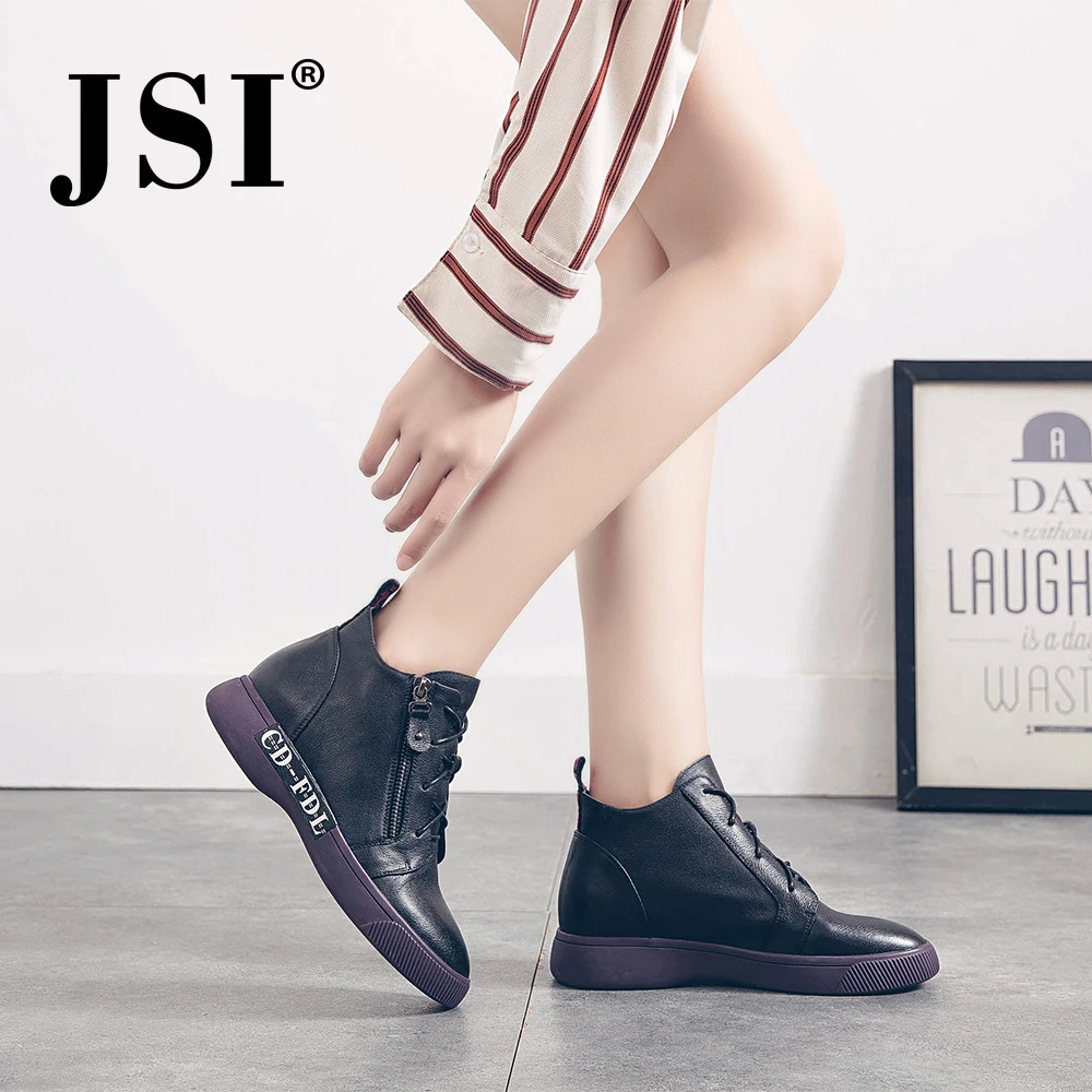 

JSI Fashion Women boots Ankle Lace-Up Shoes Winter Flats Genuine Leather Round Toe Shoes Low Heel Handmade Boots Women JO283