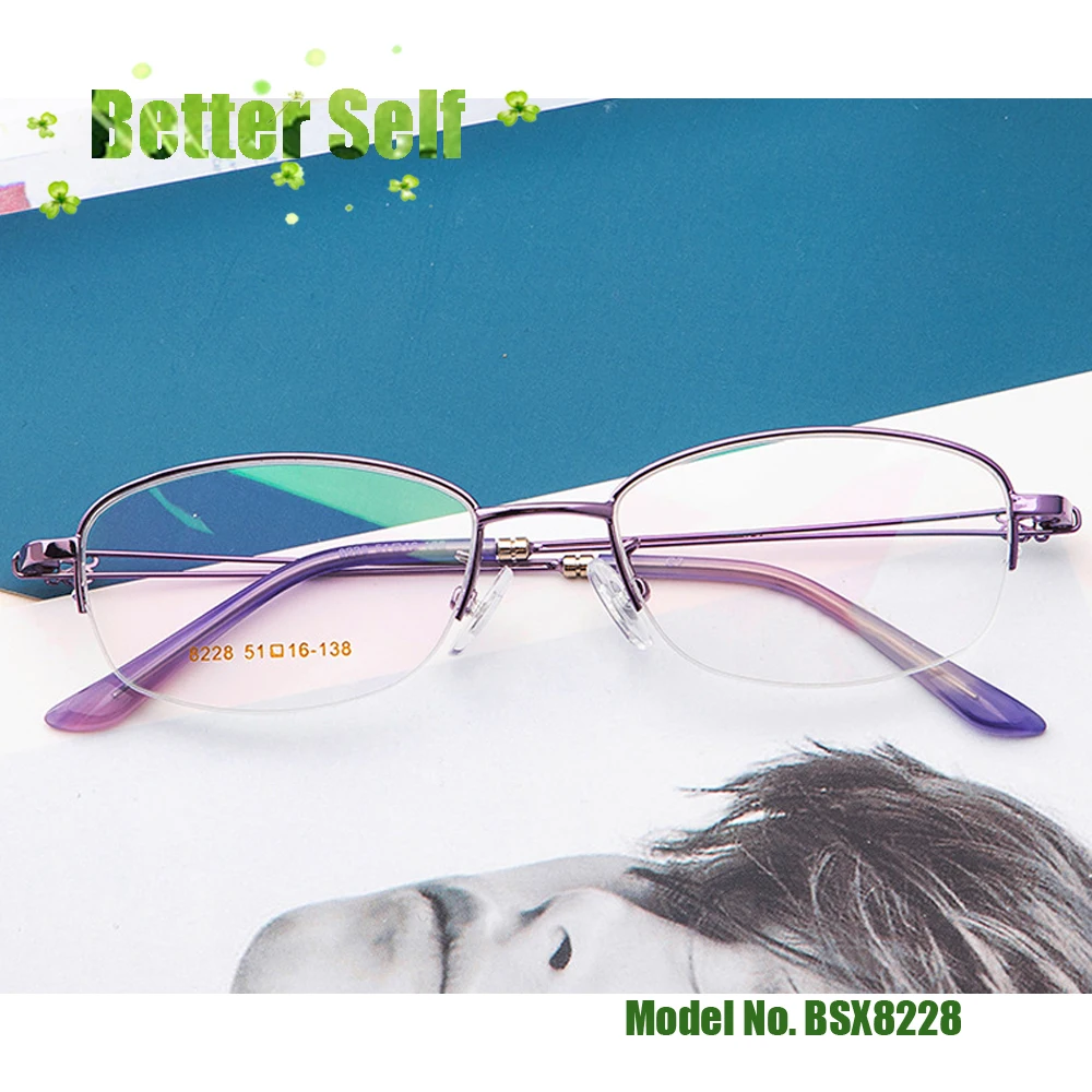 

Elegant Ladies Spectacles BSX8228 Women Business Glasses Frame Purple Light Eyeglasses Half Rim Frame Metal Thin Eye Glasses