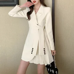 Blazers feminino comprimento médio ternos casaco moda plissado cinto cintura senhoras topos sólido botão de manga comprida blazer roupas femininas elegantes