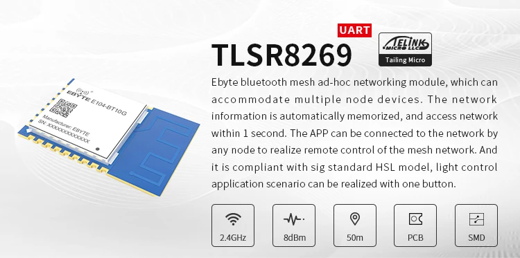 TLSR8269 ворота путь 2,4 ГГц Sigmesh BLE4.2 UART трансивер E104-BT10G 8dbm SMD PCB антенна модуль Bluetooth