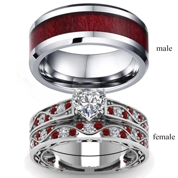 

Carofeez Couple Ring Jewelry 8mm Stainless Steel Red Imitation Wood Men Ring Women's Heart Zircon Engagement Ring Wedding Band