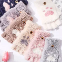 Luvas de vison garra macio de pelúcia fingerless flip mittens inverno quente lã touchscreen luvas aba capa de tricô luva