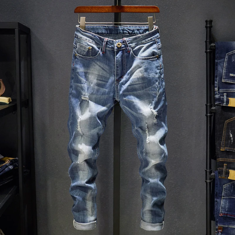 Ripped Jeans Men Slim Fit Stretch Casual Denim