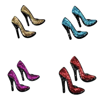 

10Pair Beautiful High Heeled Shoes Sequin Embroidered Applique Patch Lace Iron Stick Dress Cloth Decorate Accessory Gold Silver