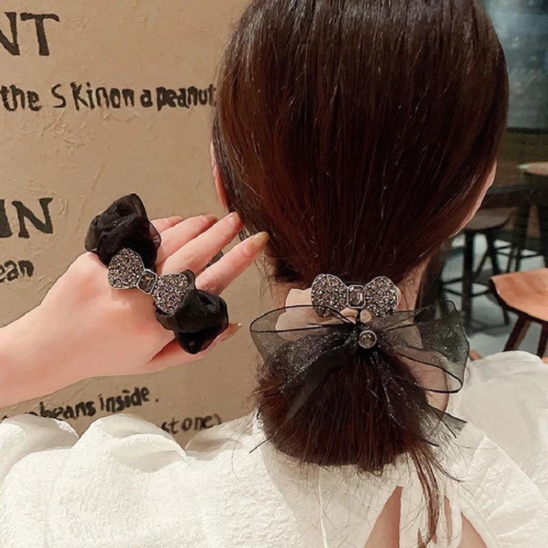 

Ruoshui Woman Full Crystal Bowknot Hair Ties Elegant Organza Rubber Band Scrunchies Women Hair Accessories Elastic Hairband