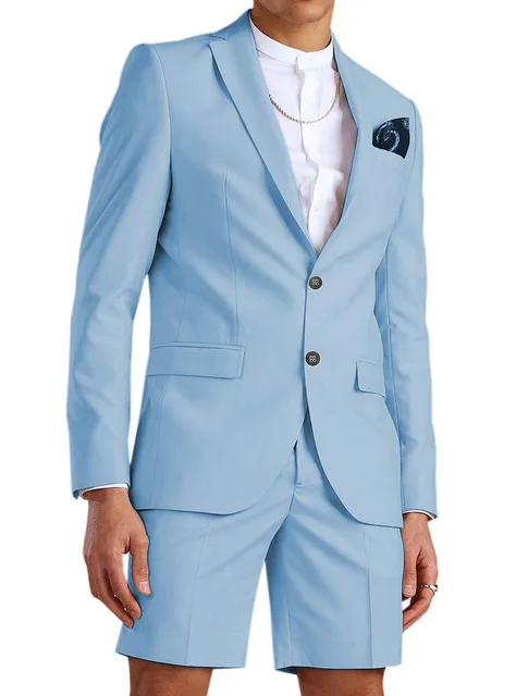 

Casual Summer Light Blue Men's Suit Short Pant Suits 2 Piece Tuxedo Groom Beach Wedding Dress Costume Homme Mariage(Blazer+Pant)