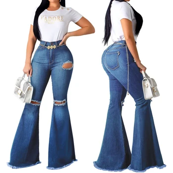 

2020 Summer New Women's Sexy Fashion Joker Knee Holes Jeans Elastic Skinny Women's Denim Flare Pants