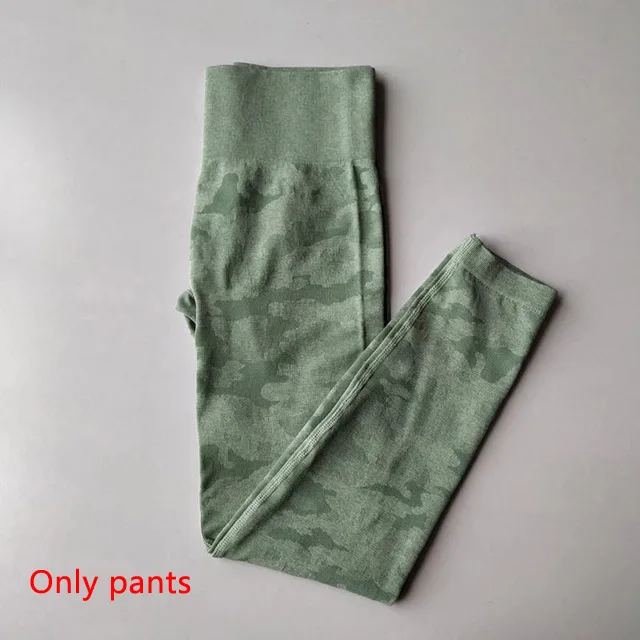 Green Pants Камуфляжной расцветки, Yoga 3 шт. набор бесшопное кроп топ с длинными рукавами+ леггинсы, спортивный бюстгальтер+ Для женщин леггинсы для пробежек, спортзала Высокая Талия спортивный костюм для фитнеса - Цвет: Green Pants