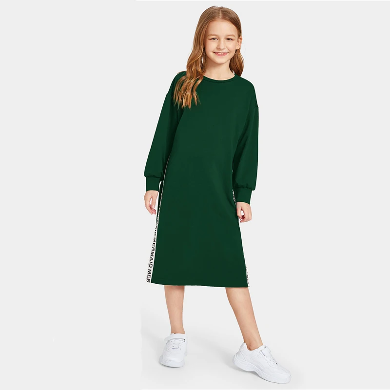 SHEIN/однотонное Повседневное платье-толстовка с контрастными буквами и лентами; коллекция года; весенние прямые платья с длинными рукавами для девочек